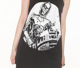 R2-D2 C-3PO Robot Star Wars Charcoal Black Tank Top Singlet Vest Tunic Sleeveless Women Shirt Top Indie Movie Punk Rock T-Shirt Size M