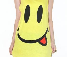 Smiley Face Yellow Singlet Tank Top Tunic Vest Women Sleeveless Shirt Pop Indie Punk Rock T-Shirt Size S
